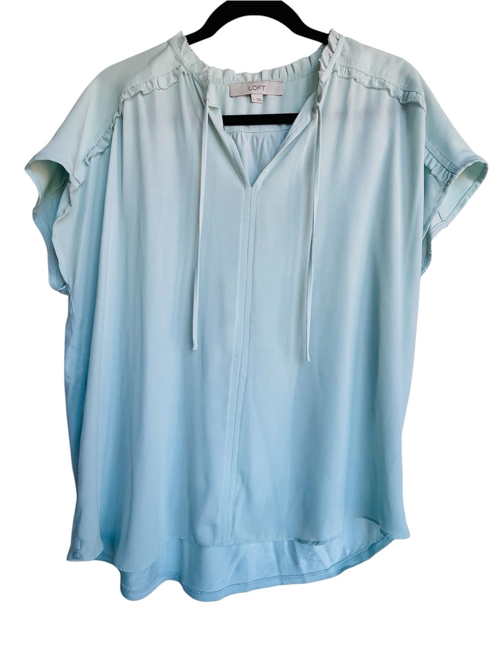 Ann Taylor LOFT Pale Blue Ruffled Neck Blouse, Size Large, Great Condition